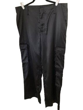TRACTR Women's Satin Cargo Wide Straight Leg Black Pants 32 NWT